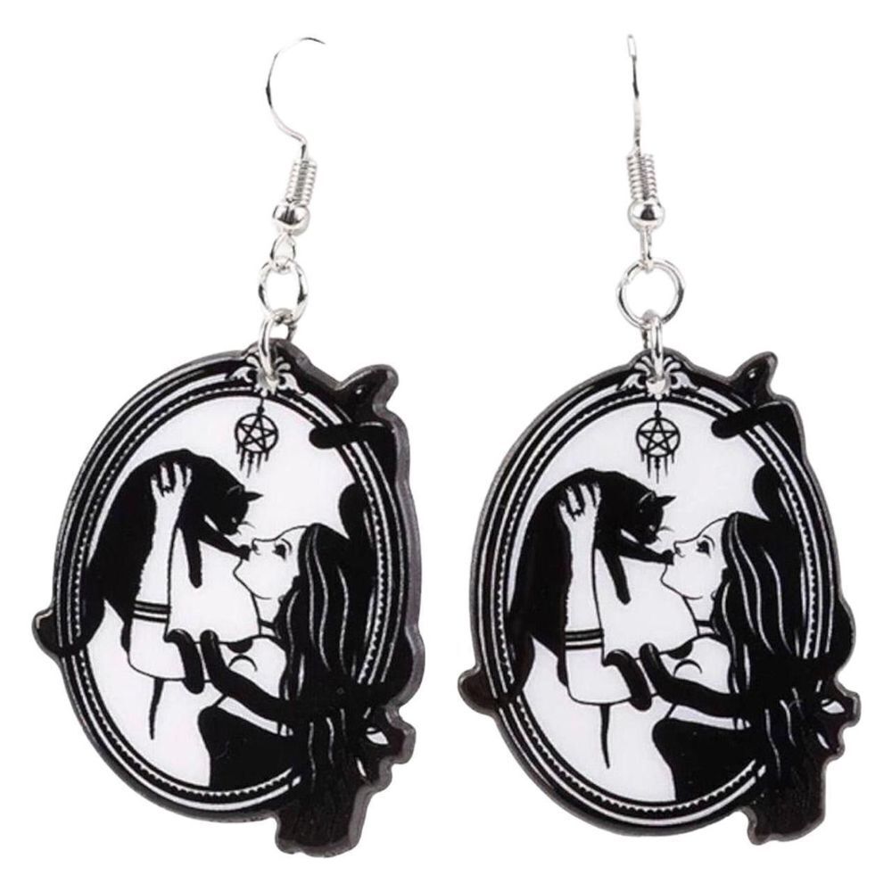 New Woman Kissing Black Cat Circle Drop Earrings Black & White Oval Mirror